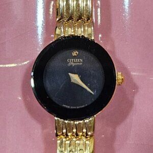 Citizen Gold Watch Bracelet with Black Glass Dial & Gold Hands, not working, BO.